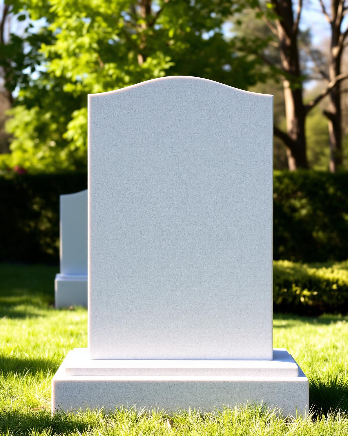 Monument funéraire en granit clair dans un cimetière verdoyant en plein jour