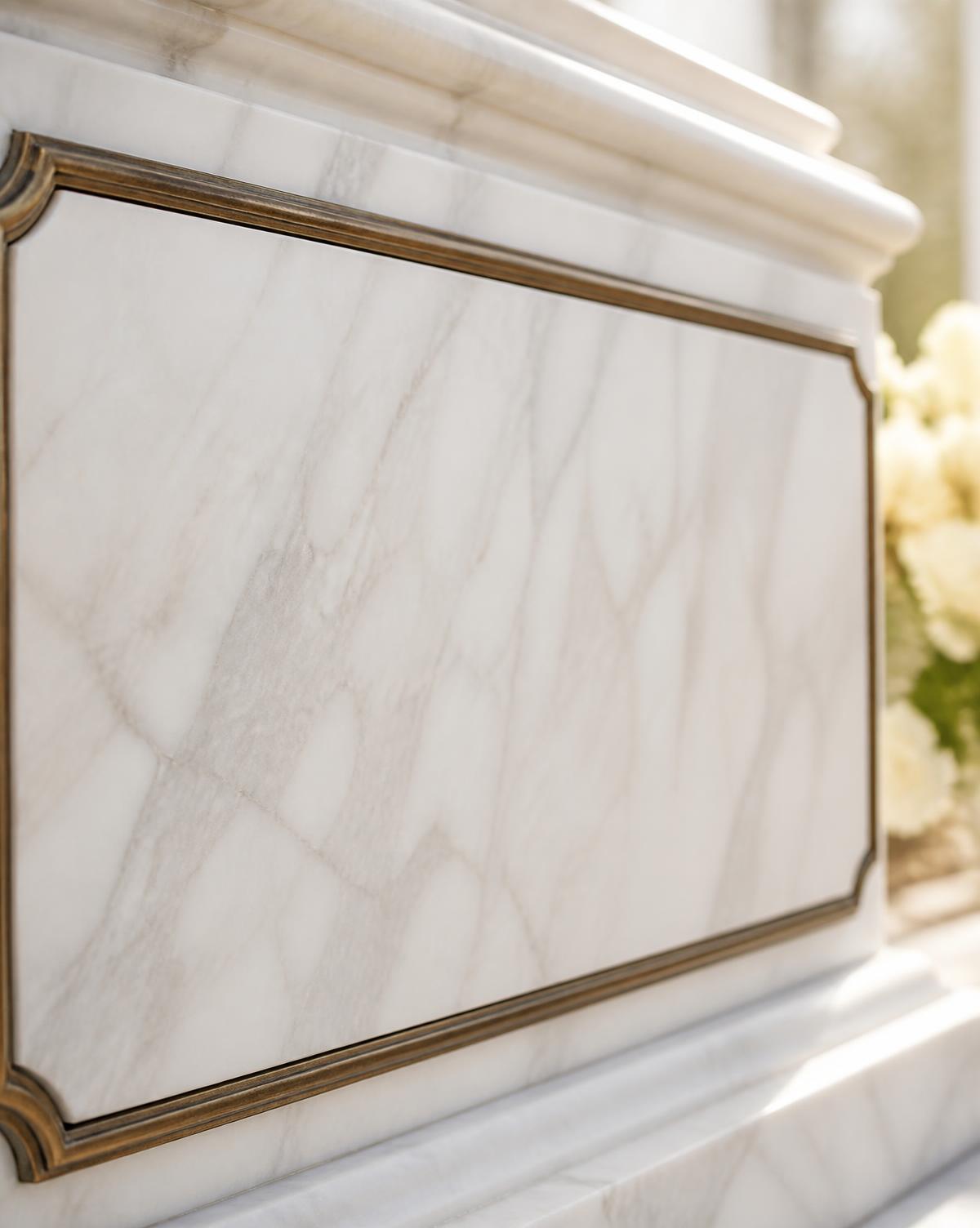 Détail d’un panneau de marbre blanc veiné encadré d’un filet de bronze, en pleine lumière